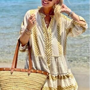 Boho Cream & Mustard Embroidered Beach Coverup Dress